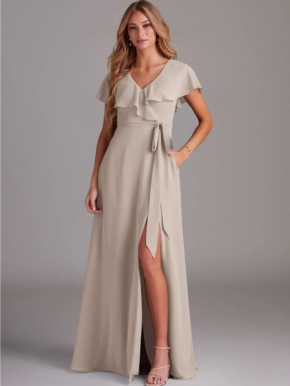 NEW AZAZIE Lainey Taupe Ruffle Chest Side Slit Belt Sash Maxi Gown, Size A12